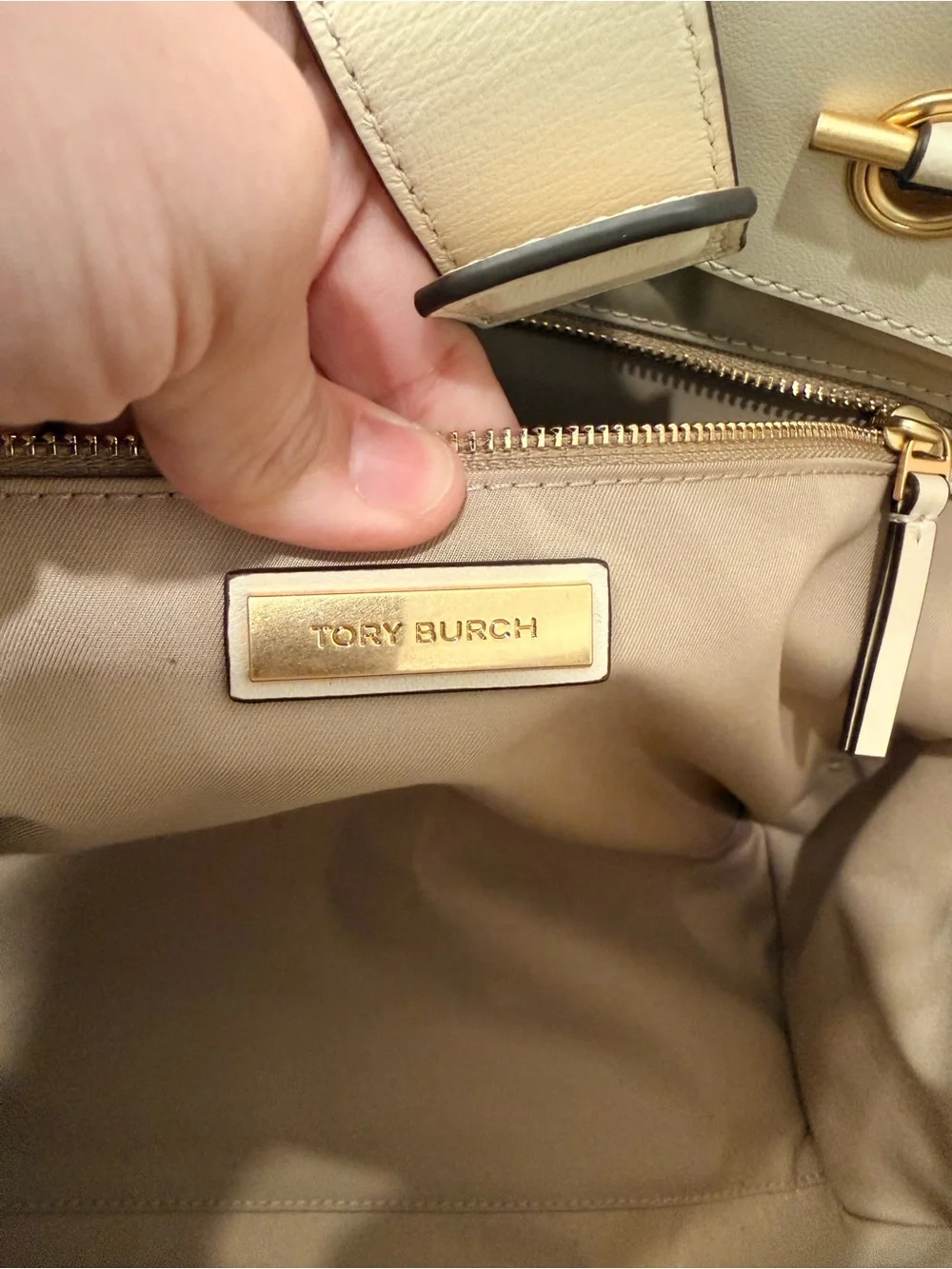 Tory Burch Quilted Logo Tote in Light Beige with Gold Chain Straps
